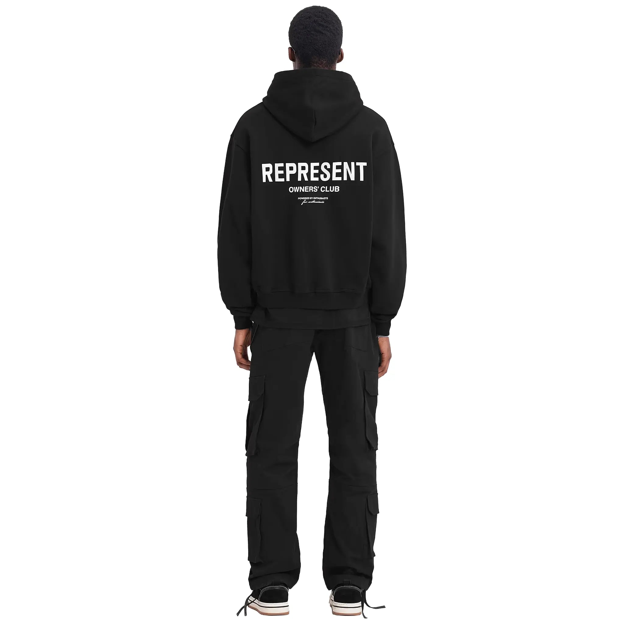 Model Back View of Represent Owners Club Zip-Up Black Hoodie OCM41122-001